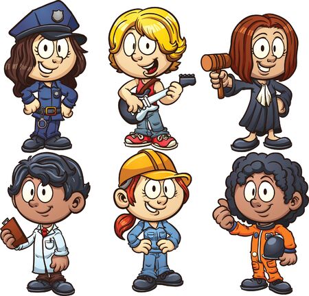 Kids using costumes for different occupations. Vector clip art illustration with simple gradients. Each on a separate layer.のイラスト素材