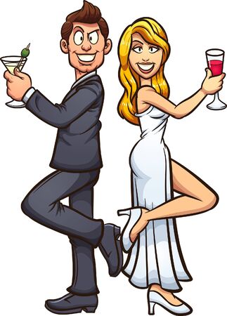 White bride and groom wearing formal attire, back to back with alcoholic beverages on hand. Vector cartoon clip art illustration with simple gradients. Each on a separate layer.
のイラスト素材