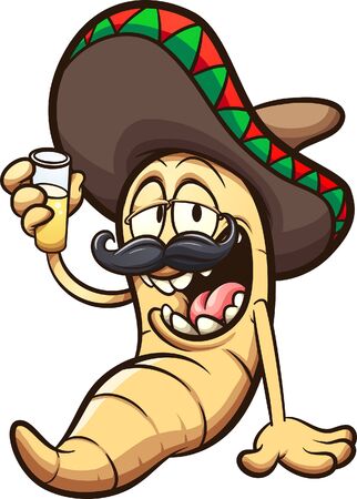 Mezcal or tequila worm sitting drunk with a big smile and wearing a Mexican hat. Vector cartoon clip art illustration with simple gradients. All on a single layer.
のイラスト素材
