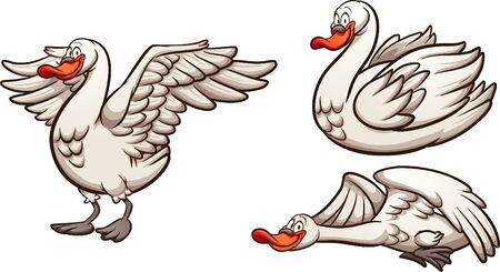 Cartoon swan in different  flying standing and swimming. Vector cartoon clip art illustration with simple gradients. Each on a separate layer.のイラスト素材