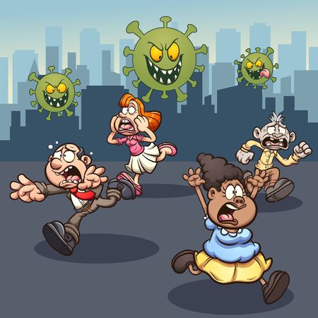 People running away in panic from corona virus. Vector cartoon clip art illustration with simple gradients. Some elements on separate layers.のイラスト素材