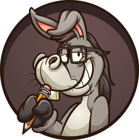 Smart cartoon donkey holding a pencil and wearing glasses. Vector clip art illustration with simple gradients. All on a single layer.
のイラスト素材