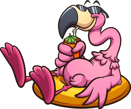 Pink flamingo with sunglasses resting on a lifesaver and having a tropical drink. Vector cartoon clip art illustration with simple gradients. All on a single layer.
のイラスト素材