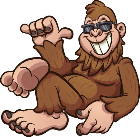 Cool cartoon bigfoot resting and wearing sunglasses. Vector cartoon clip art illustration with simple gradients. All on a single layer.のイラスト素材