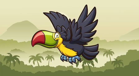 Happy cartoon toucan flying on a foggy jungle in the morning. Vector clip art illustration with simple gradients. Some elements on separate layers. 
のイラスト素材