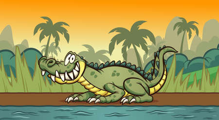 Happy cartoon crocodile resting on the river shore. Vector clip art illustration with simple gradients. Some elements on separate layers.のイラスト素材
