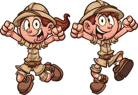 Happy cartoon explorer safari kids jumping. Vector clip art illustration with simple gradients. Each on a separate layer.のイラスト素材