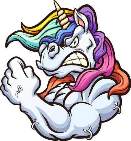 Strong angry unicorn mascot flexing its arm. Vector clip art illustration with simple gradients. All on a single layer.のイラスト素材