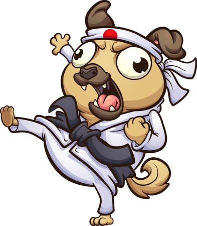 Cartoon fat pug dog throwing a karate kick. Vector clip art illustration. All on a single layer.のイラスト素材