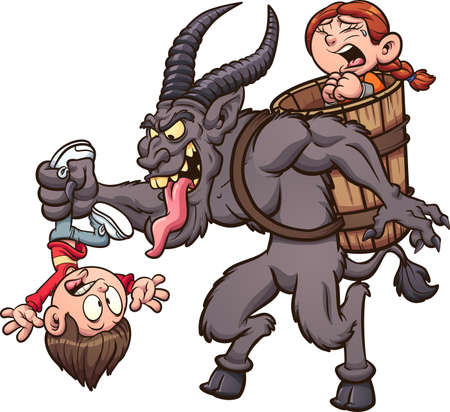 Cartoon Krampus character kidnapping a couple of kids. Vector clip art illustration with simple gradients. Some elements on separate layers.のイラスト素材
