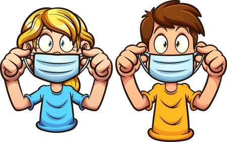 Cartoon kids putting on face masks. Vector clip art illustration with simple gradients. Each on a separate layer.のイラスト素材