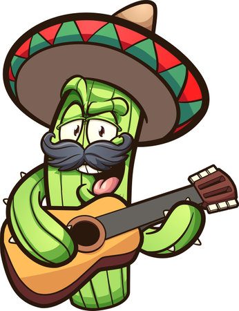 Mexican cactus playing guitar cartoon. Vector clip art illustration with simple gradients. Some elements on separate layers.のイラスト素材