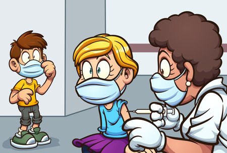 Girl getting vaccinated by doctor. Vector clip art illustration with simple gradients. Some elements on separate layers.のイラスト素材