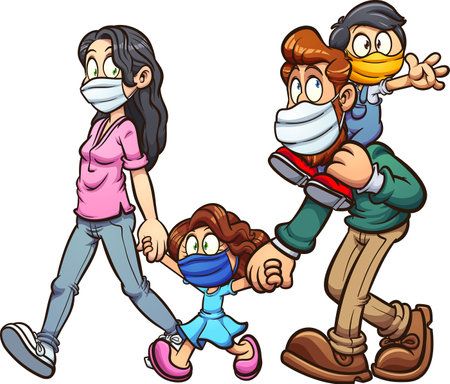 Family wearing face masks cartoon. Vector clip art illustration with simple gradients. All on a single layer.のイラスト素材
