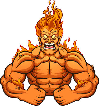 Strong man  on fire screaming cartoon. Vector clip art illustration with simple gradients. All on a single layer.のイラスト素材