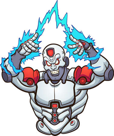 Cyborg strong and evil with sparks coming out of hands. Vector clip art illustration with simple gradients. All on a single layer.のイラスト素材