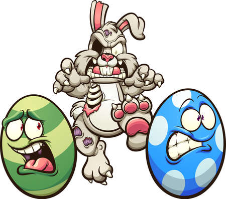 Zombie Easter rabbit chasing eggs. Vector clip art illustration with simple gradients. Some elements on separate layers.のイラスト素材
