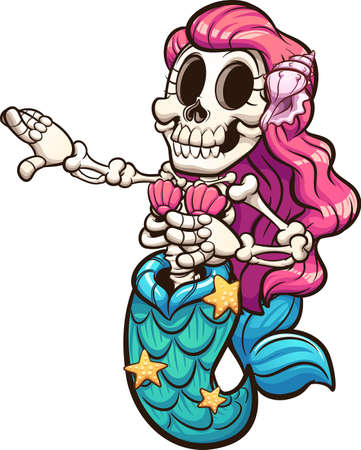 Skeleton mermaid with pink hair dancing. Vector clip art illustration with simple gradients. All on a single layer.のイラスト素材