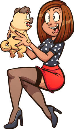 Pin up girl holding a pug puppy up. Vector clip art illustration with simple gradients. Some elements on separate layers.のイラスト素材