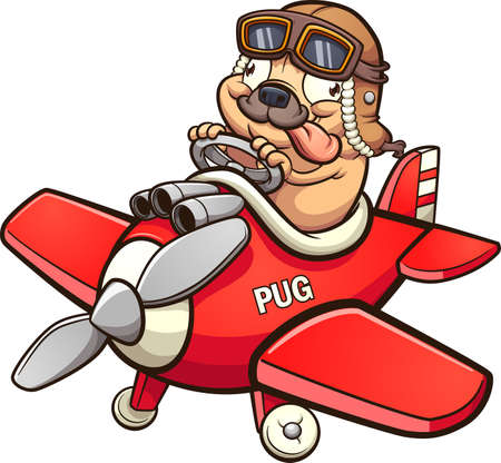 Cute pilot pug flying a tiny red toy airplane. Vector clip art illustration with simple gradients. All in a single layer.のイラスト素材