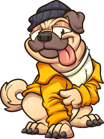 Pug dog wearing a yellow jacket and making the peace sign. Vector clip art illustration with simple gradients. All on a single layer.のイラスト素材