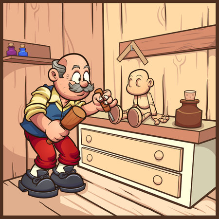 Cartoon carpenter working on a wooden marionette. Vector clip art illustration with simple gradients. Some elements on separate layers.のイラスト素材