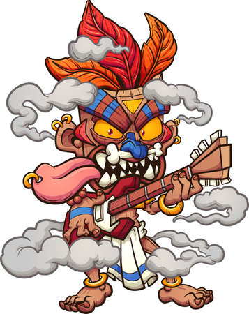 Tiki mask character playing the electric guitar. Vector clip art illustration with simple gradients. All on a single layerのイラスト素材