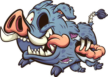 Happy zombie boar running with intestine coming out. Vector clip art illustration with simple gradients. All on a single layer.のイラスト素材