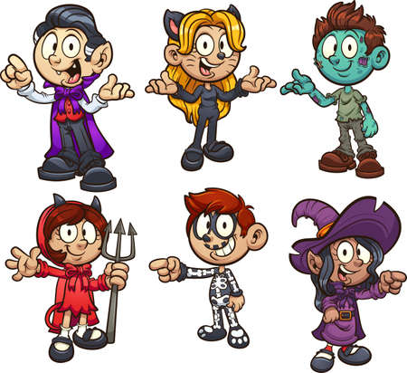 Boys and girls in different Halloween costumes. Vector clip art illustration with simple gradients. Each on a separate layer.のイラスト素材