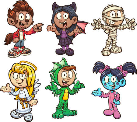Halloween kids wearing different costumes. Vector clip art illustration with simple gradients. Each on a separate layer.のイラスト素材