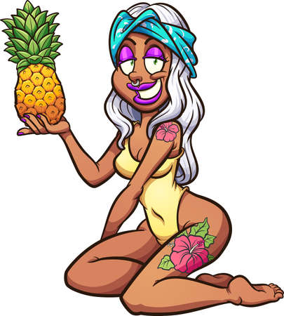 Pinup model kneeling and holding a pineapple up. Vector clip art illustration with simple gradients. All on a single layer.のイラスト素材