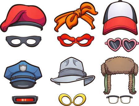 A group of diverse cartoon hats and glasses. Vector clip art illustration with simple gradients. Each on a separate layer.のイラスト素材