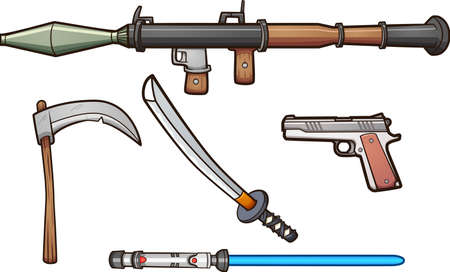 Assorted cartoon weapons. Vector clip art illustration with simple gradients. Each on a separate layer.のイラスト素材