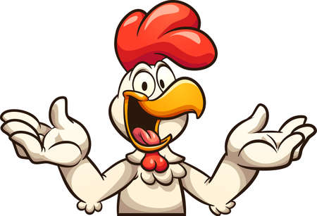 Happy cartoon chicken torso with palms up. Vector clip art illustration with simple gradients. All on a single layer.のイラスト素材