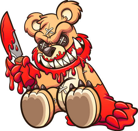 Evil Teddy bear covered in blood and holding a knife. Vector clip art illustration with simple gradients. All on a single layer.のイラスト素材