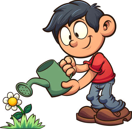 Cartoon boy watering a flower. Vector clip art illustration with simple gradients. Boy and flower on separate layersのイラスト素材