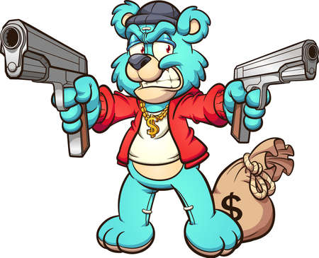 Cartoon angry Teddy bear holding a couple of guns and keeping a big bag on money. Vector clip art illustration with simple gradients. Bear and money separate layers.のイラスト素材