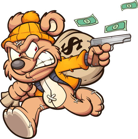 Teddy bear stealing a big bag of money. Vector illustration with simple gradients. All on a single layer.のイラスト素材