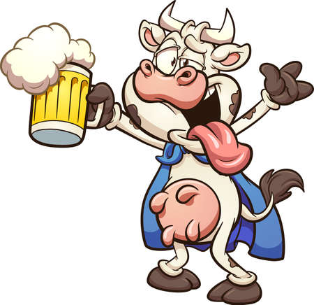 Cartoon drunk super cow holding a beer. Vector clip art illustration with simple gradients. All on a single layer.のイラスト素材