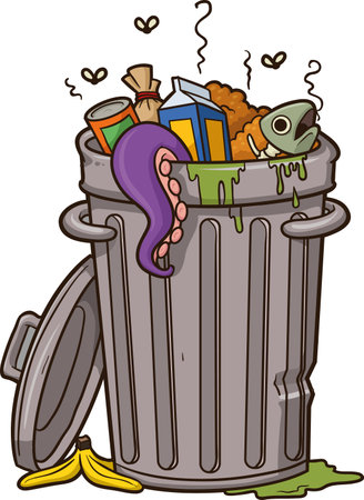 Cartoon trashcan with smelly fish and octopus parts spilling out. Vector illustration with simple gradients. All in a single layer.のイラスト素材