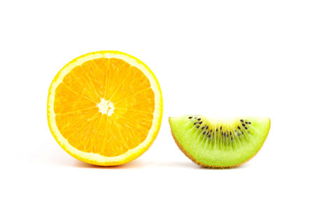 Kiwi and orange fruit on white backgroundの写真素材