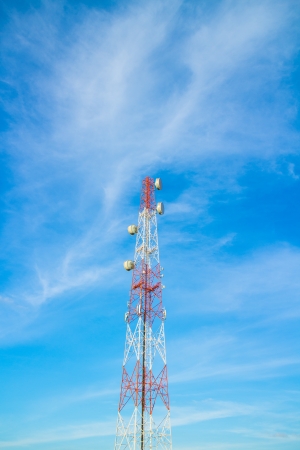 Telecommunication Radio Antenna and Satelite Tower with blue skyの写真素材