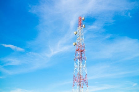 Telecommunication Radio Antenna and Satelite Tower with blue skyの写真素材