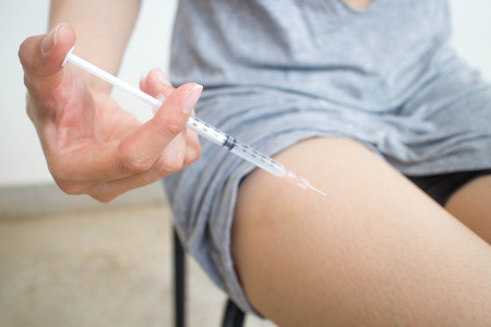 Insulin injection to himself , diabetes uncontrolの写真素材