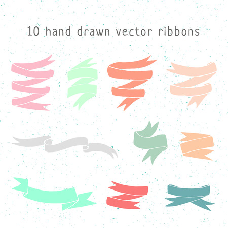 Set of 10 unique hand drawn vintage doodle pastel colors ribbonsのイラスト素材