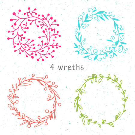 4 unique hand drawn doodle vintage floral circle wreathsのイラスト素材