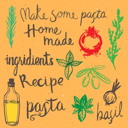 Hand drawn doodle home made  pasta recipe setのイラスト素材