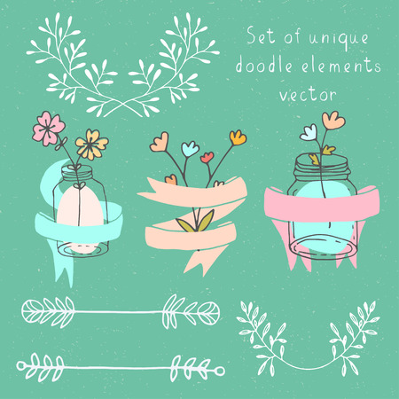Hand drawn floral vector doodle set elementsのイラスト素材