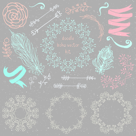 Hand drawn vintage boho weddingkit doodle frames and floral objectsのイラスト素材
