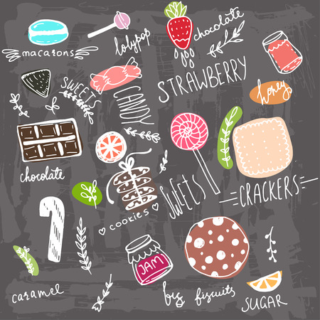 Hand drawn doodle  grungy colored sweets with a chalkboard backgroundのイラスト素材